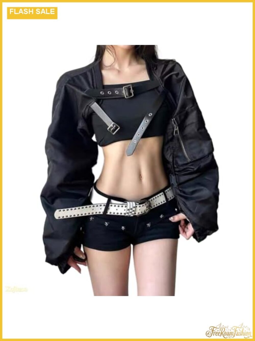 Y2K Cropped Belted Motorcycle Jacket Pleated Batwing Sleeve